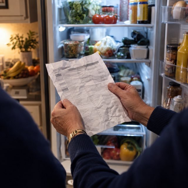 Hoja de dieta arrugada frente al refrigerador